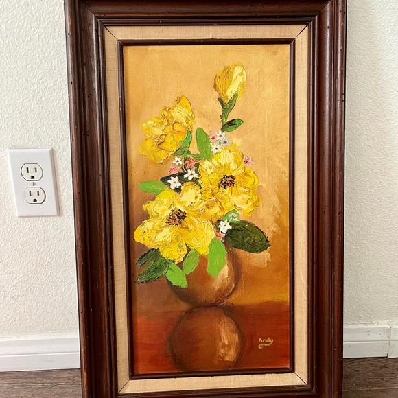 Other - Vintage Original Oil Painting of Yellow Flowers In Vase by Andy 15/26 Framed